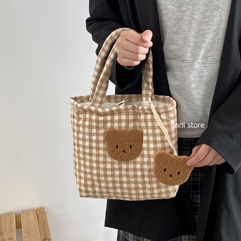 Túi đựng hộp cơm trưa bằng cotton sức chứa lớn họa tiết hoa / gấu xinh xắn