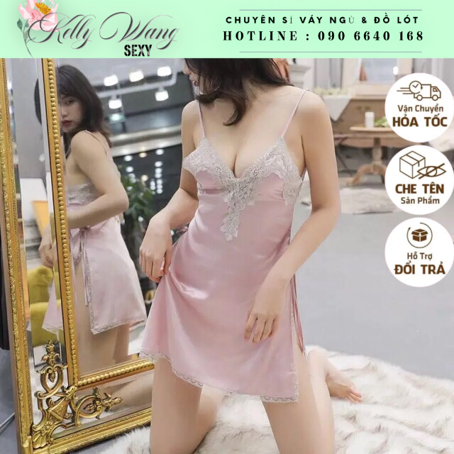 SX111Mới váy ngủ xẻ tà cao lụa satin KELLY WANG ( ảnh thật ảnh cuối và có clip)