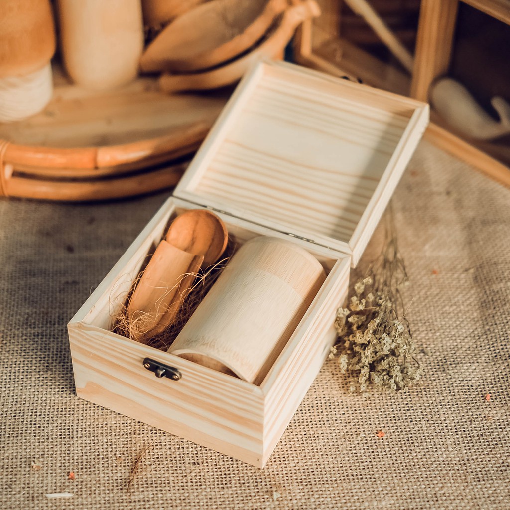 [COMBO 1 hộp gỗ vuông +1 muỗng gỗ+1 hộp tre] - Hộp gỗ quà tặng - Wooden gift box