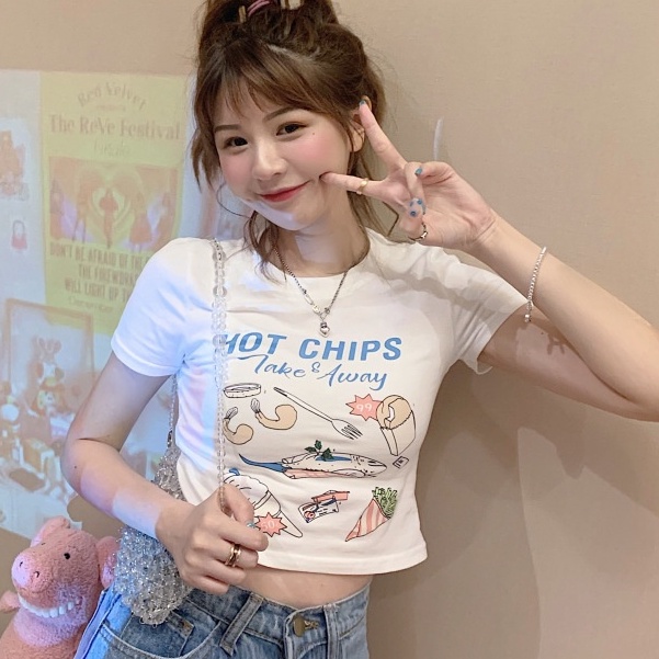 WANG JIAO ZHAN Áo croptop thun ngắn tay in hình thời trang nữ