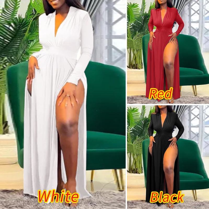 Đầm maxi ZANZEA cổ v tay dài xẻ tà ôm eo thời trang nữ