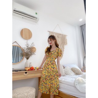ĐẦM HOA LỤA XẺ TÀ NHÚN NGỰC TAY NGẮN DÁNG SUÔNG DÀI-hình thật shop chụp