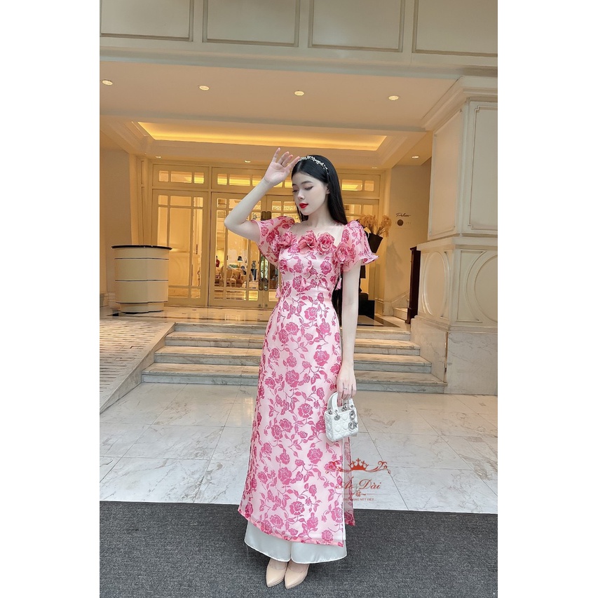 Áo dài cách tân 4 tà Organza Tím Oải Hương và Organza Hoa Hồng may kết đính tỉ mỉ kèm ảnh thật tự chụp