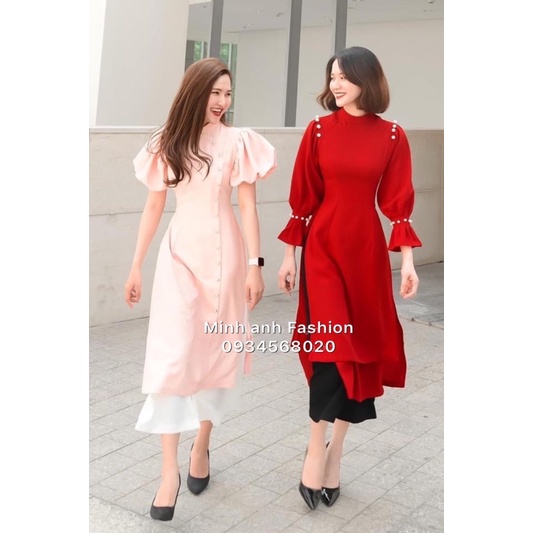 Áo dài lụa vai phồng tay bèo duyên dáng MinhAnhFashion