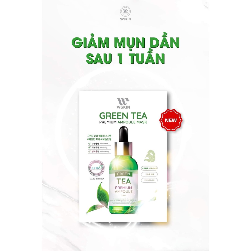 Mặt nạ ngừa mụn, ngừa viêm, sáng da trà xanh Green Tea Premium Ampoule Mask Wskin Hàn Quốc