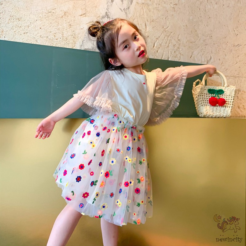 Bộ Áo Cánh Tiên Phối Ren + Chân Váy Lưới Thêu Hoa Thời Trang Dành Cho Bé Gái