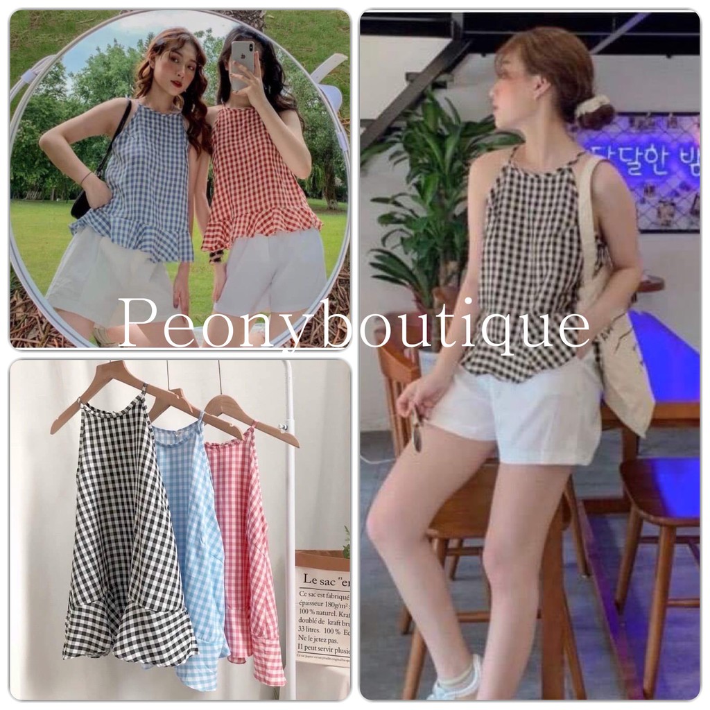 Áo 2 Dây Yếm Kẻ Caro PEONYB Nữ [FREESHIP]  Babydoll phối đuôi cá, thun vạt bèo màu ĐEN | ĐỎ | XANH Ulzzang HOT