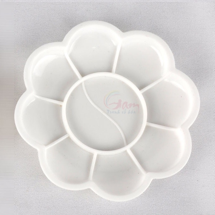 Khay pha màu đựng màu palette nhựa hình bông hoa trắng đường kính 11.5cm