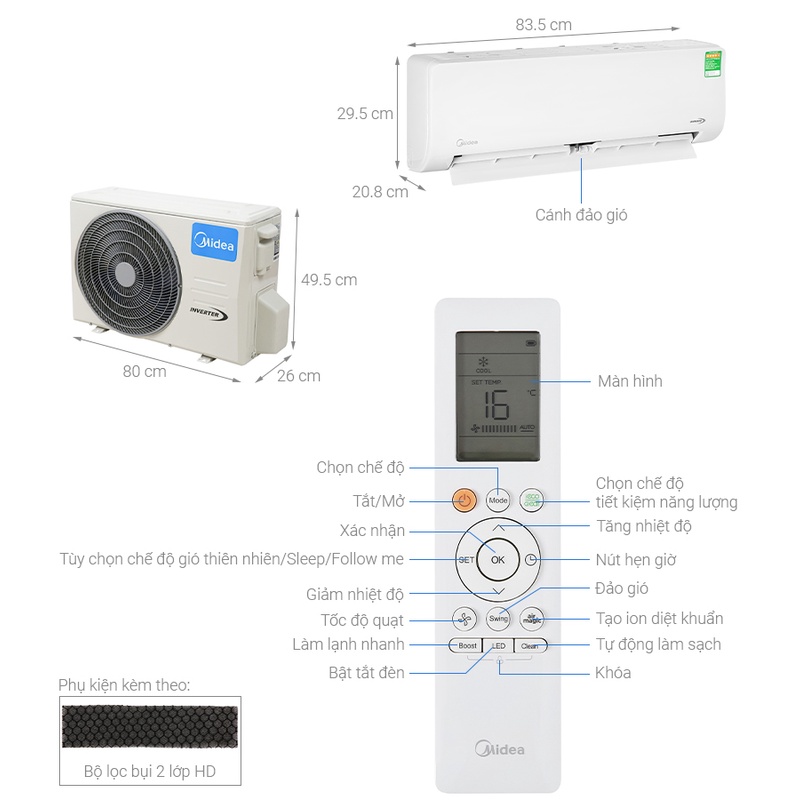 [Mã ELHA10 giảm 6% đơn 5TR] Máy Lạnh Midea Inverter 1HP MSAG-10CRDN8 2020 - Hàng chính hãng bảo hành điện tử 3 năm