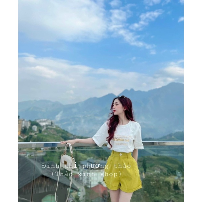 Sét bộ thời trang nữ mặc đi chơi áo thun cổ tròn tay ngắn in hình mix quần đùi kaki