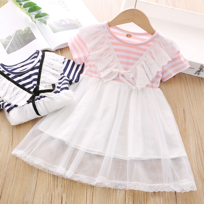 Đầm Chữ A Tay Ngắn Phối Lưới Họa Tiết Kẻ Sọc Thời Trang Mùa Hè Mới Cho Bé Gái