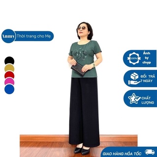 Đồ bộ trung niên nữ Đũi xước cao cấp phối quần đũi , bộ đồ cho mẹ cổ tròn tay cộc, họa tiết thêu hoa giữa cho quý bà