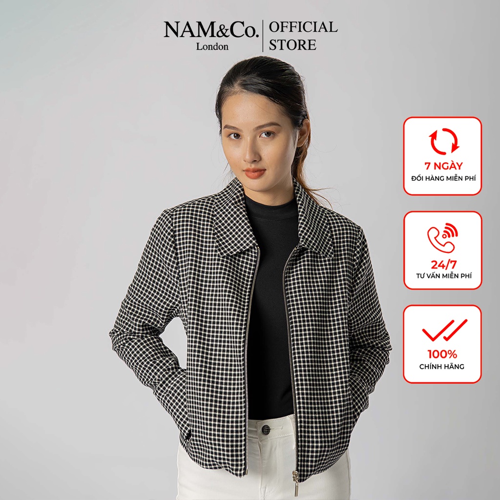 Áo khoác jacket nữ NamandCo mùa đông 2 lớp có khoá kéo cao cấp cá tính size S,M,L họa tiết kẻ vuông, kẻ sọc NJ0045