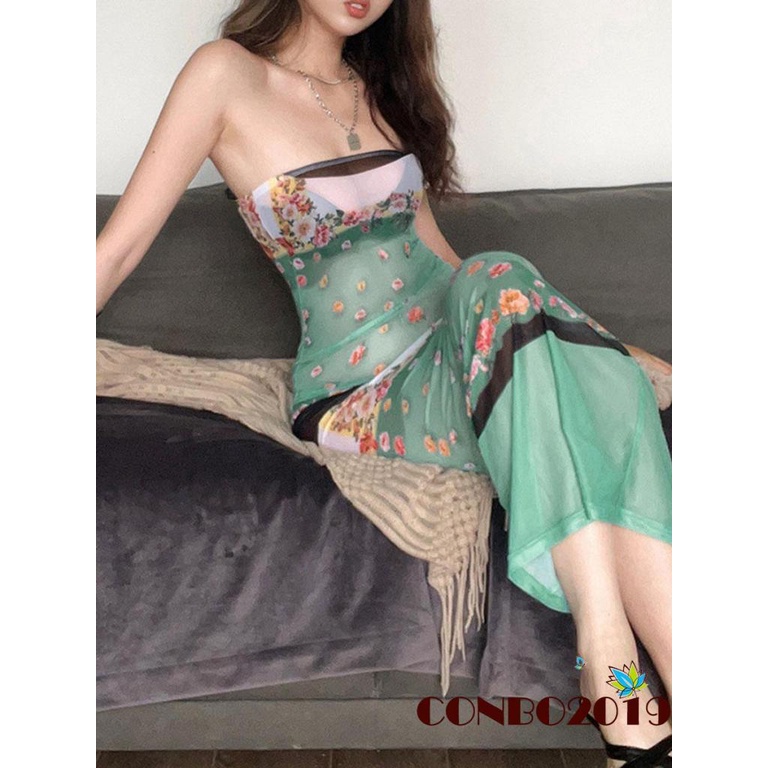 Đầm Dài Không Tay Hở Vai Họa Tiết Hoa Thời Trang Mùa Hè Cho Nữ