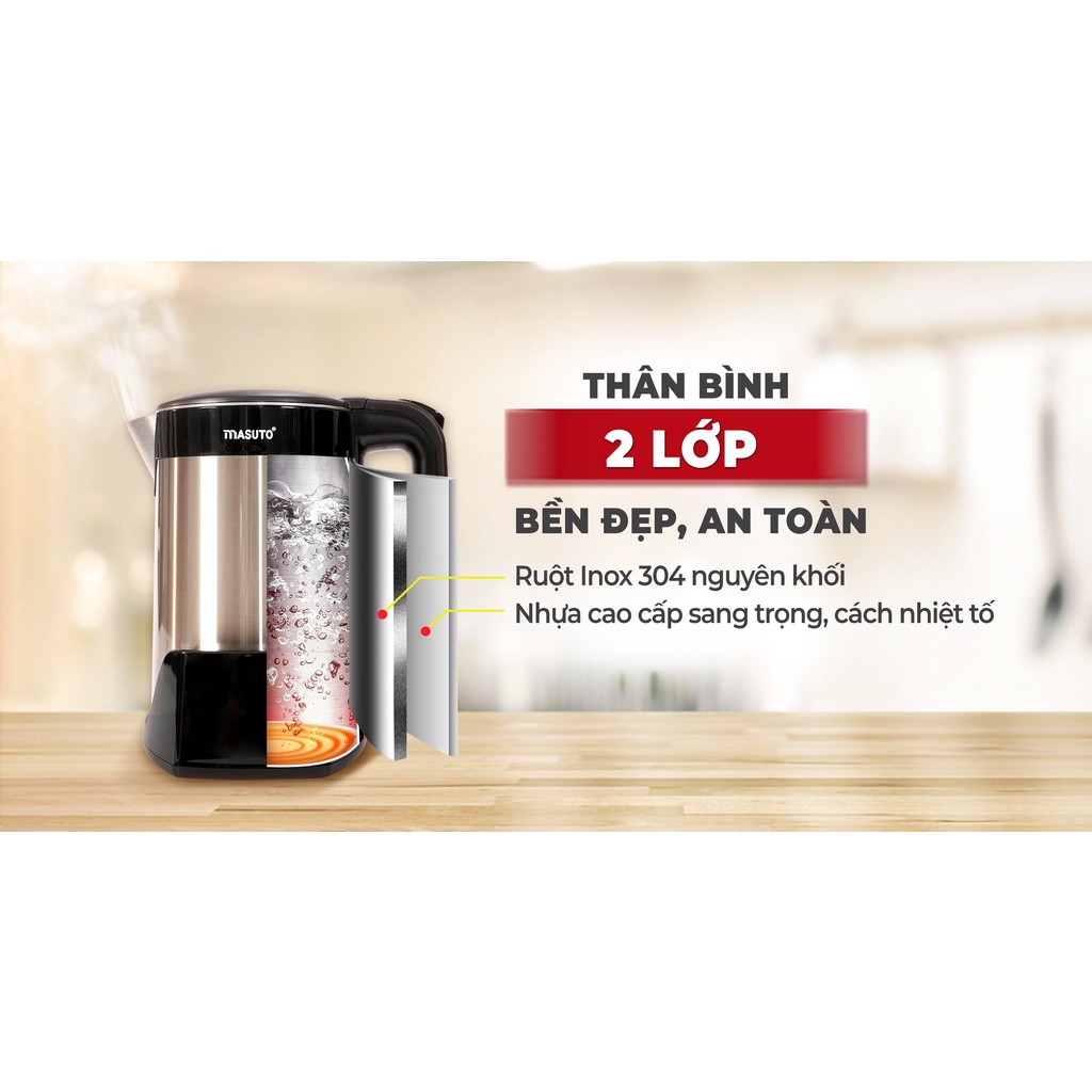 Ấm siêu tốc thông minh 2 lớp Masuto 1,5L chống bỏng công nghệ Nhật Bản