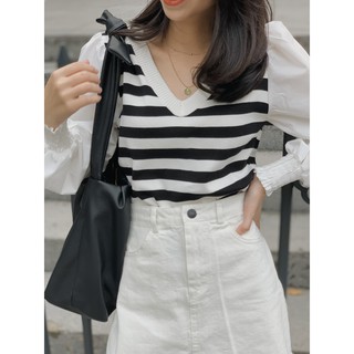 Áo thân pha len kẻ cổ tim SA392 1994closet