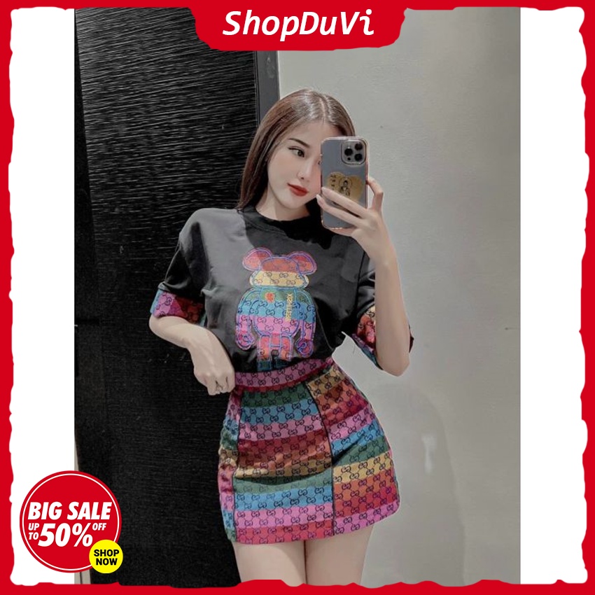 Set Váy , Set Nữ , Sét Áo Phông Rộng Thêu Gấu Tặng Chân Váy Chữ A Họa Tiết Cầu Vồng Mới Mới Hot Hit