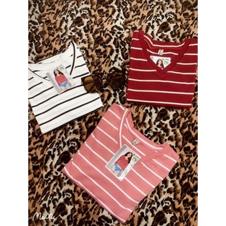 Áo croptop tay dài thun cotton cổ tim sọc ngang