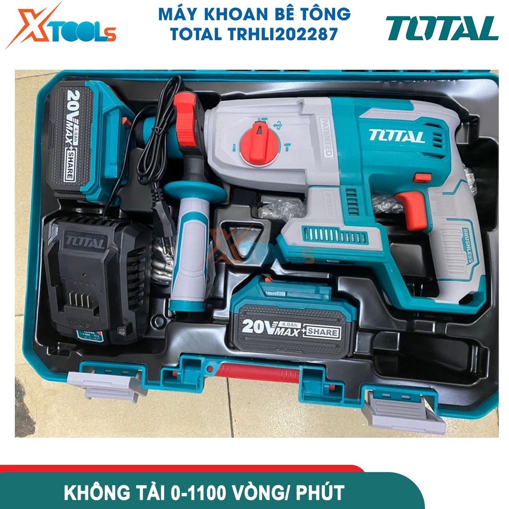 Máy khoan bê tông dùng pin 20V TOTAL TRHLI202287 không chổi than, tốc độ 1100v/p, lực đập 2J - [CHÍNH HÃNG][XTOOLS]