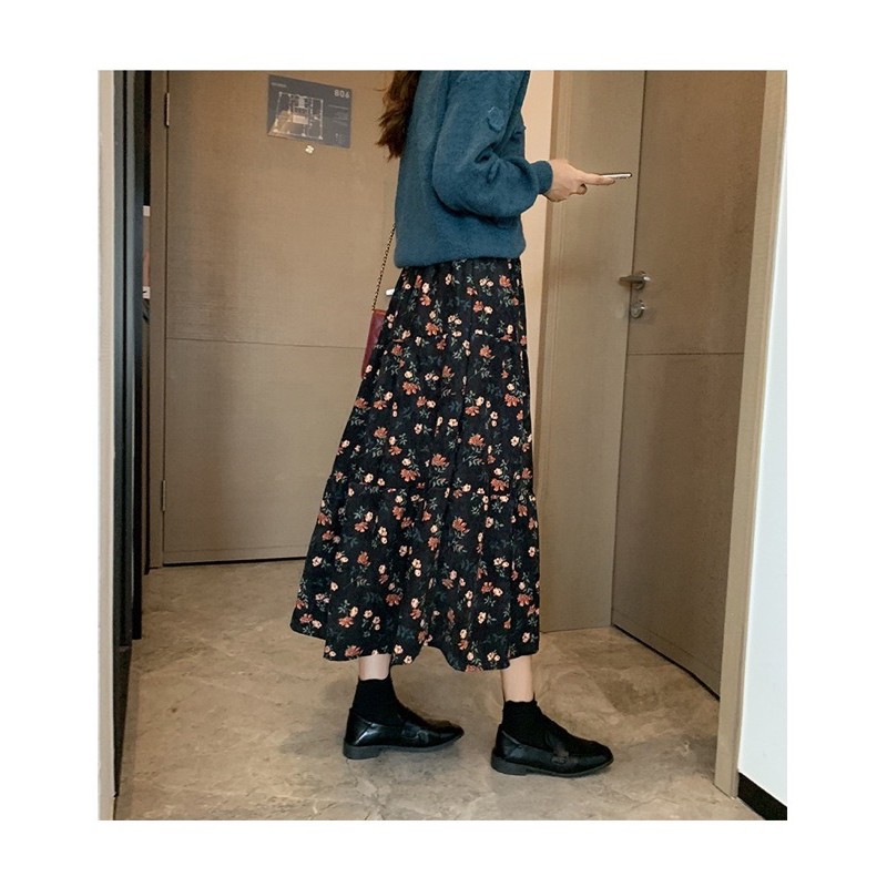 Chân Váy Dài Nữ Hoạ Tiết Hoa Hồng Xanh Đen Cạp Cao Chất Gân Tăm Ullzang | BigBuy360 - bigbuy360.vn