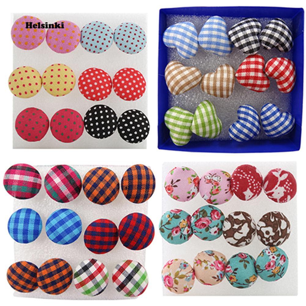 Set 6 đôi bông tai nhựa bọc vải nhiều màu sắc phong cách cổ điển