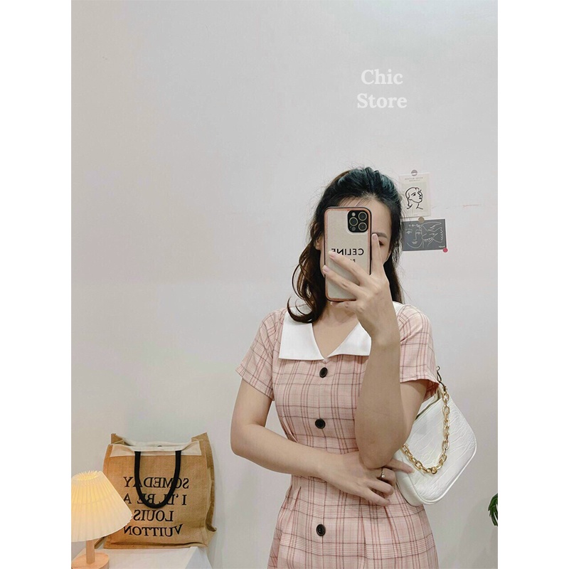 Đầm công sở Váy midi kẻ caro hồng cổ vạt bèo thanh lịch Chic.Store