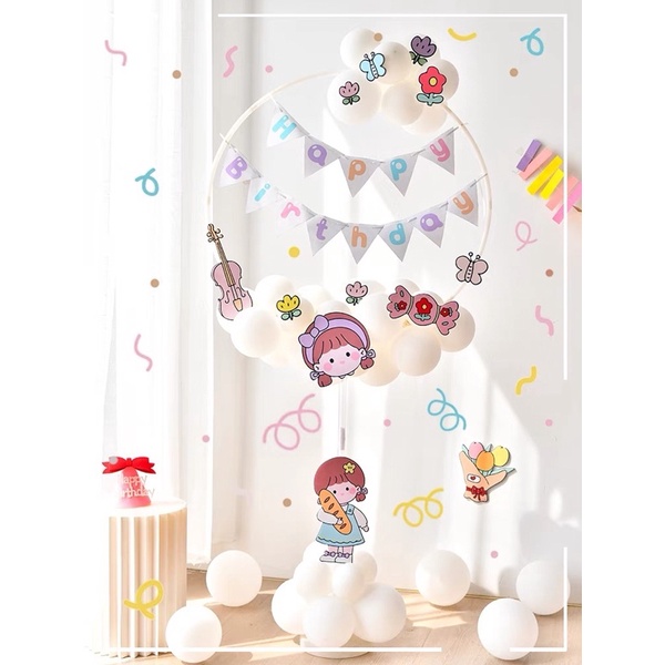 Set Sinh Nhật Trụ Bóng Kèm Dây Happy Birthday Và Sticker Dán Bóng Trang Trí Sinh Nhật Cho Bé Gái