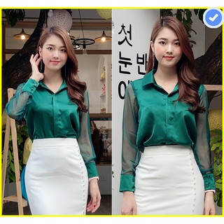 Áo sơ mi nữ màu xanh💖Áo nữ công sở tay voan hàng cao cấp