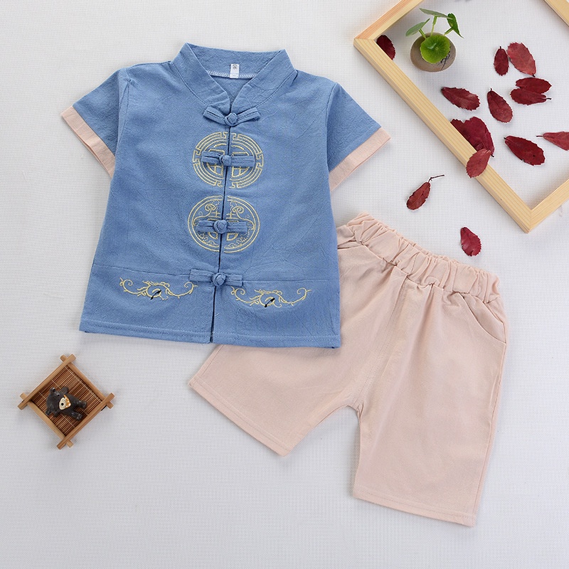 Set Áo Thun Ngắn Tay + Quần Dài Thêu Họa Tiết Phong Cách Trung Hoa Mừng Năm Mới Cho Bé Trai