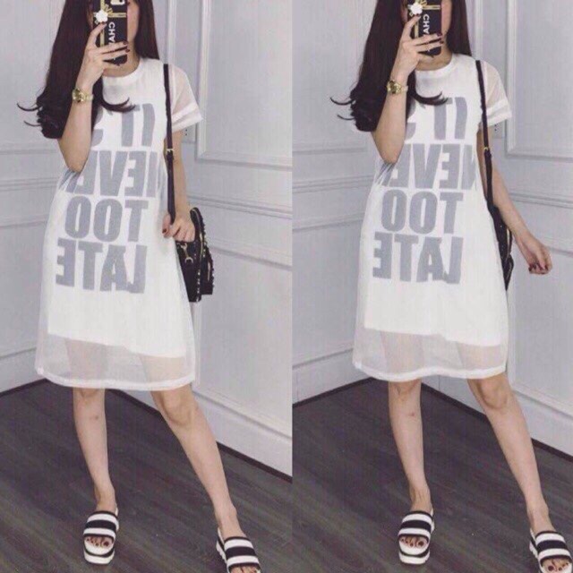 Đầm suông voan lưới in chữ