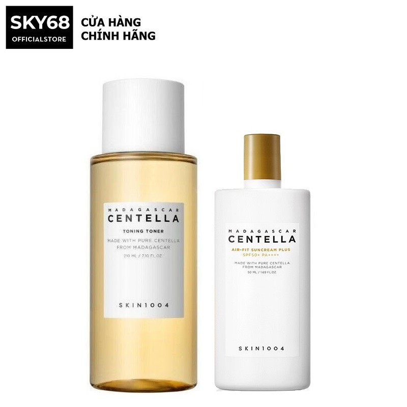 Combo 2 Sản Phẩm Giảm Mụn, Làm Dịu Da Chiết Xuất Rau Má Skin1004 Madagascar Centella (Toner 210ml + Kem chống nắng 50ml)