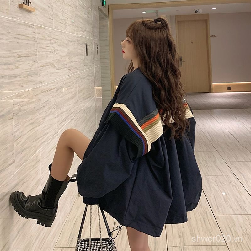 【SWR】Korean Style Sense of Design Knitted Striped Loose Mid-Length Jacket Long-Sleeved Jacket Coat Women's Jacket BuOE