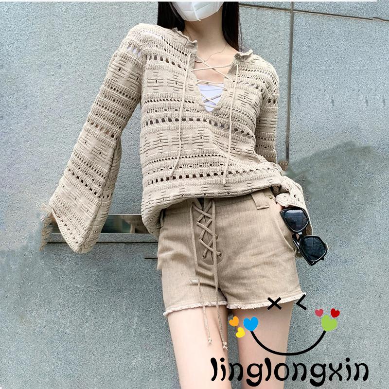 Áo Dệt Kim Tay Dài Cổ Tròn Thắt Dây Chéo Màu Trơn Phong Cách Vintage Dành Cho Nữ Linglongxi2-Y2K