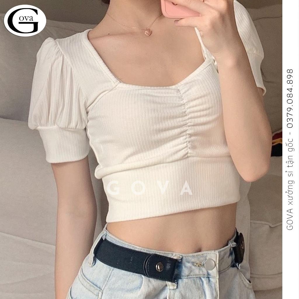 Áo Croptop Tay Phồng Ngắn Cổ Vuông Nhún Ngực Siêu Xinh Satiny DB63