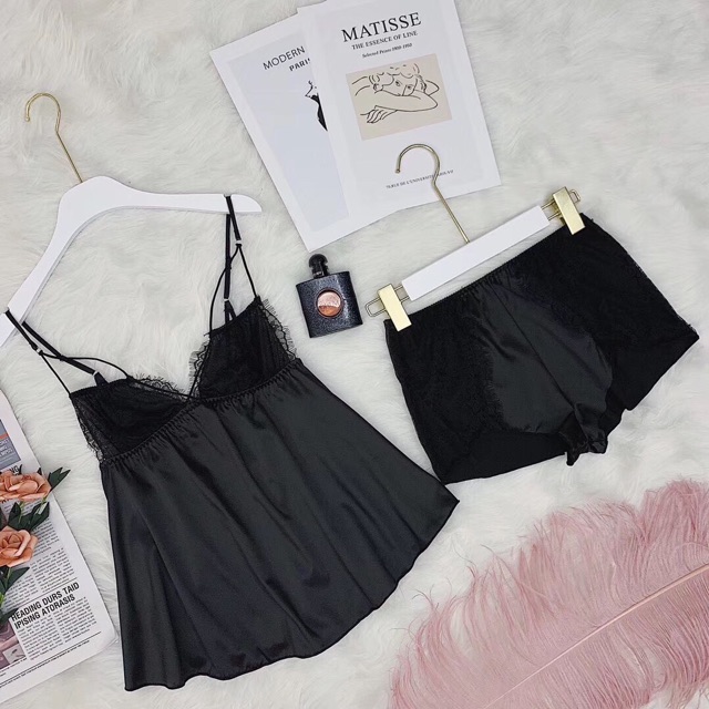 Bộ ngủ đùi dây tam giác ngực lụa _ Set ngủ Lụa tơ Tằm Gợi cảm