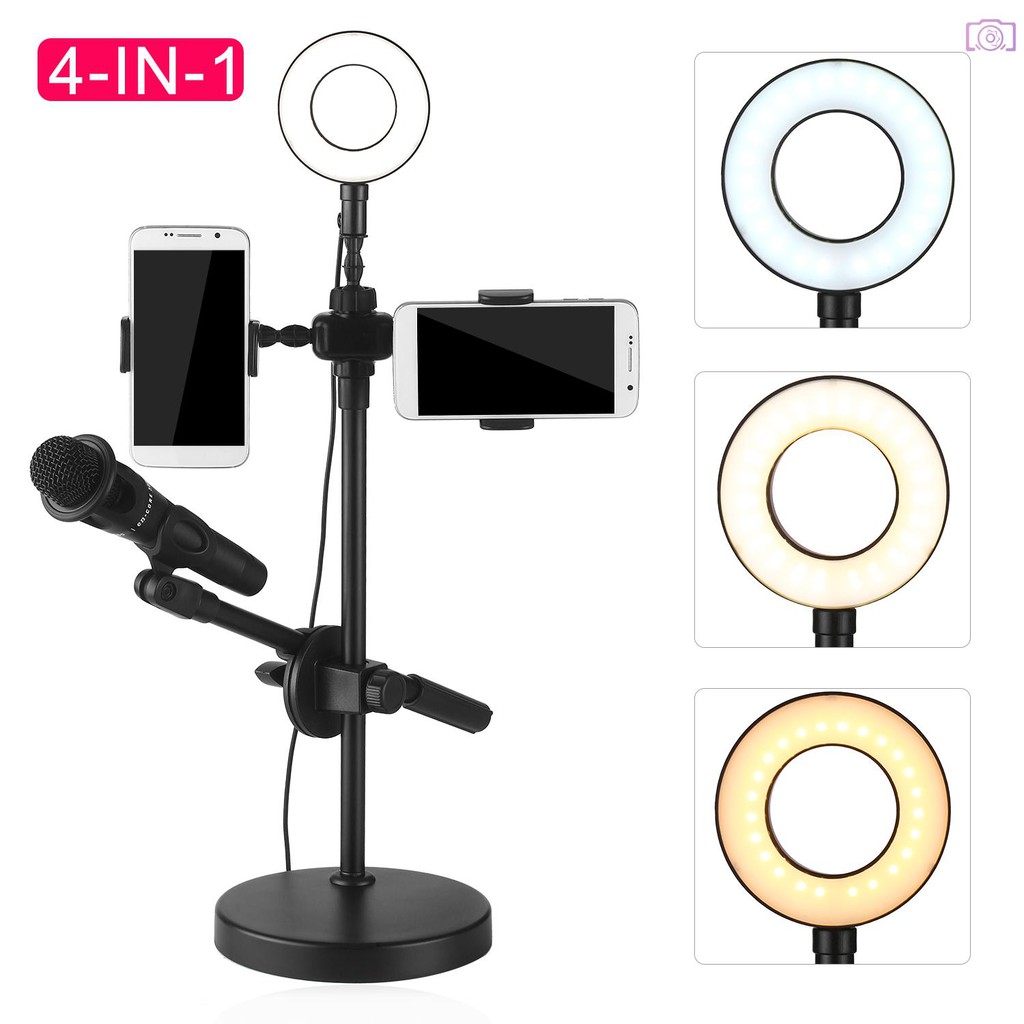 Đèn LED selfie với 3 chế độ phát sáng và 9 cường độ sáng đi kèm giá đỡ điện thoại và mic tiện dụng