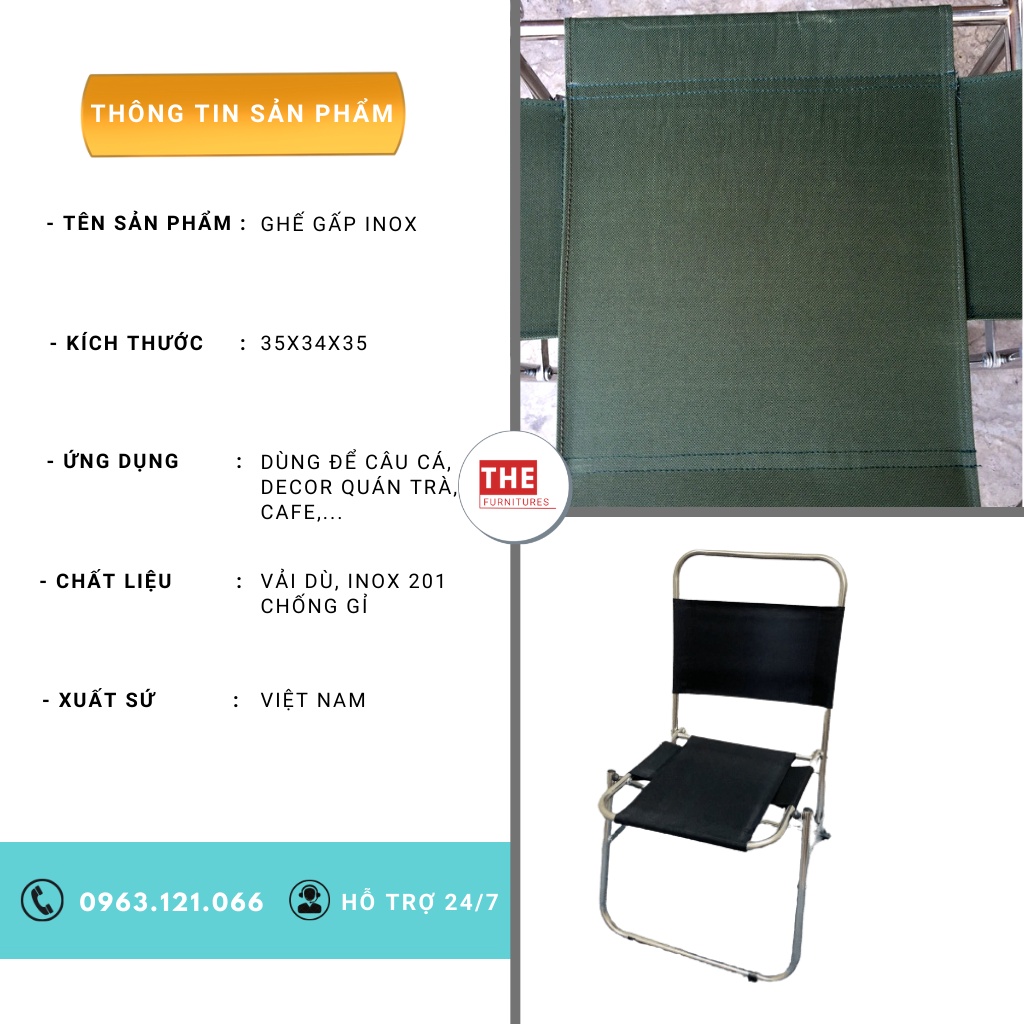 Ghế câu cá địa hình vải dù khung inox gấp gọn để du lịch dã ngoại cắm trại camping ngoài trời , cafe trà chanh