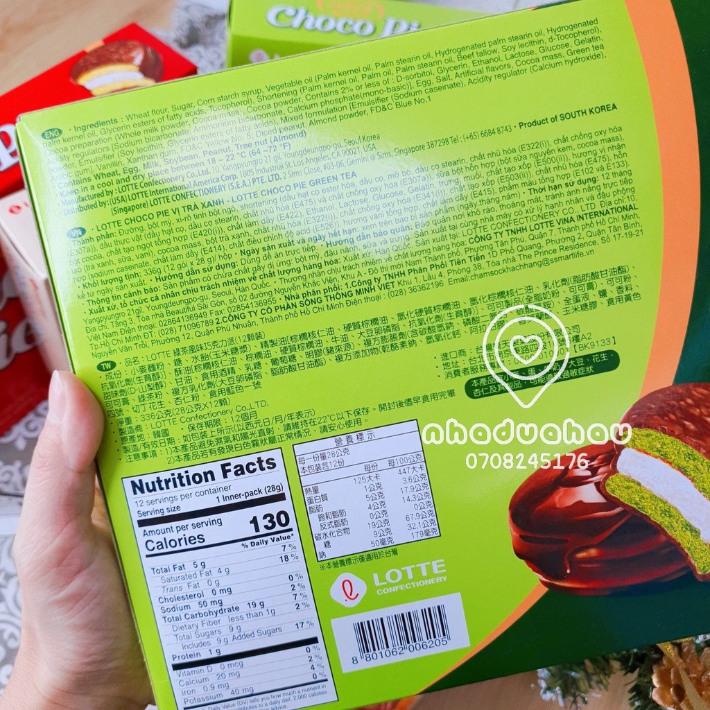 Một hộp bánh Chocopie nhân kem đủ vị vani/cacao/matcha/chuối/đường đen Lotte Hàn Quốc hộp 336gam hàng cty chuẩn xịn
