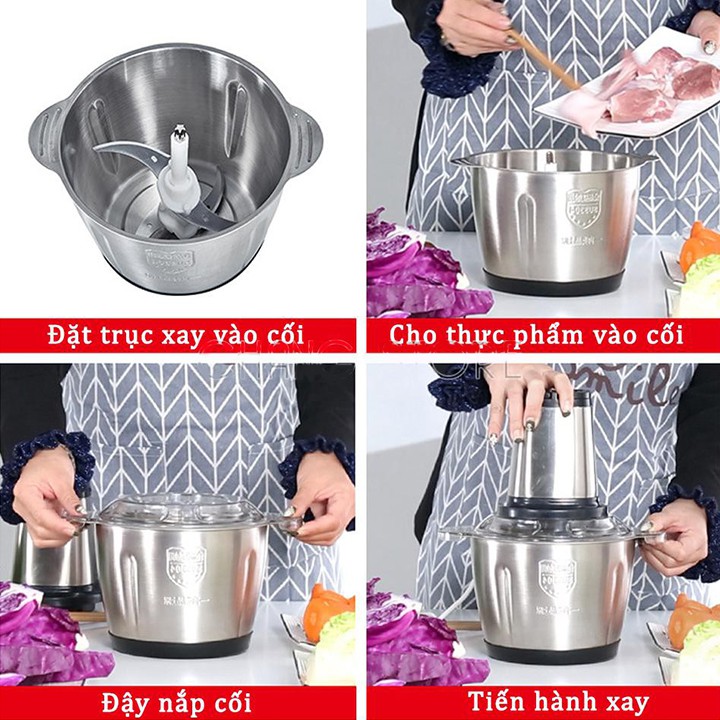 Máy Xay Thực Phẩm Đa Năng 4 Lưỡi Thép Không Gỉ, Máy Xay Thịt Cối INOX 304 Dung Tích 2L, Công Suất 250W Bảo Hành 12 Tháng