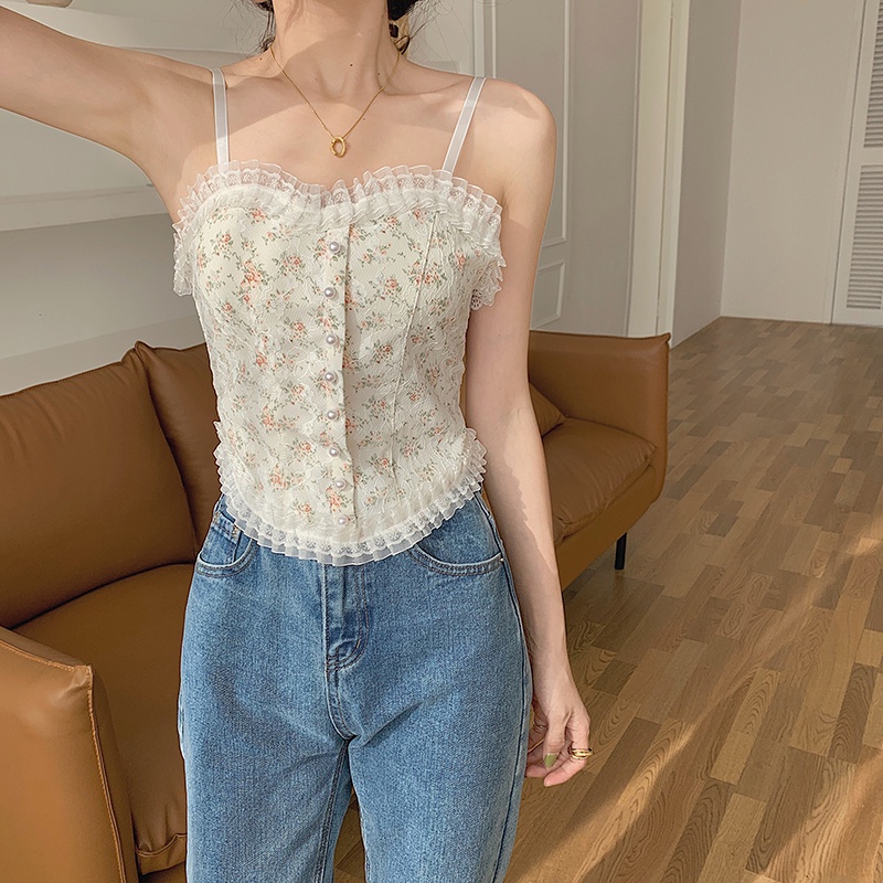 Áo Hai Dây Phối Ren Họa Tiết Hoa Xinh Xắn Thời Trang