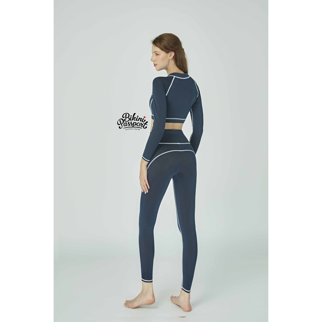 Đồ bơi Nữ BIKINI PASSPORT kiểu Hai mảnh quần dài, áo crotop phối viền- màu Xanh navy - BS376_NV