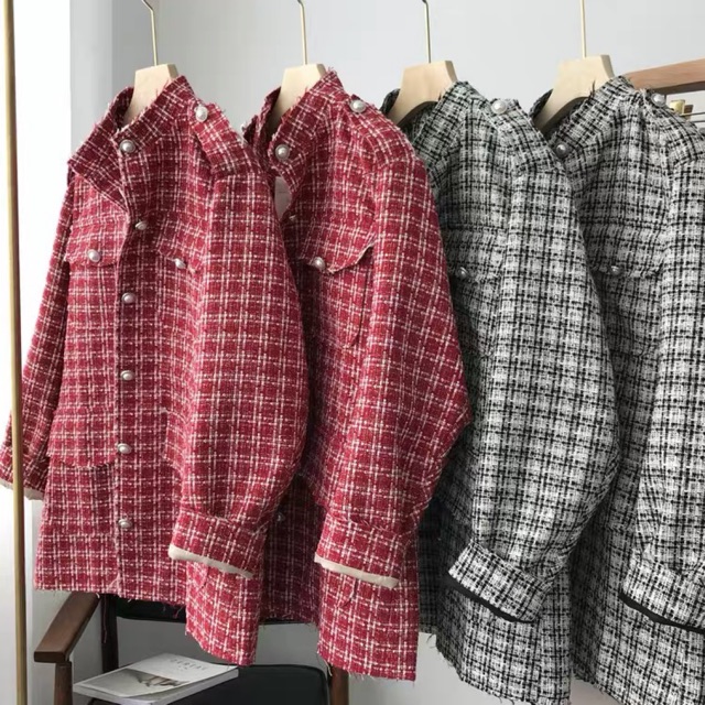 Có sẵn: Áo khoác dạ Tweed đỏ oversize 2 lớp