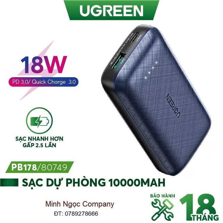 Pin sạc dự phòng mini 10000mAh 2 cổng Ugreen 80749 - PD + QC 3.0 18W Sạc nhanh iPhone 12 50% pin 30'