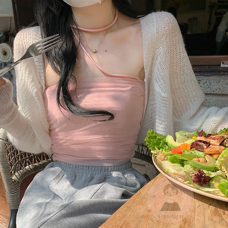 Áo Tank Top Cổ Yếm Xếp Ly Màu Trơn Thời Trang Mùa Hè Cho Nữ