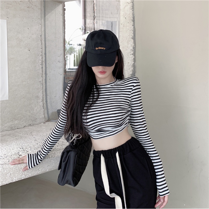 Áo thun tay dài cổ tròn dáng ôm họa tiết kẻ sọc ngang thời trang cho nữ