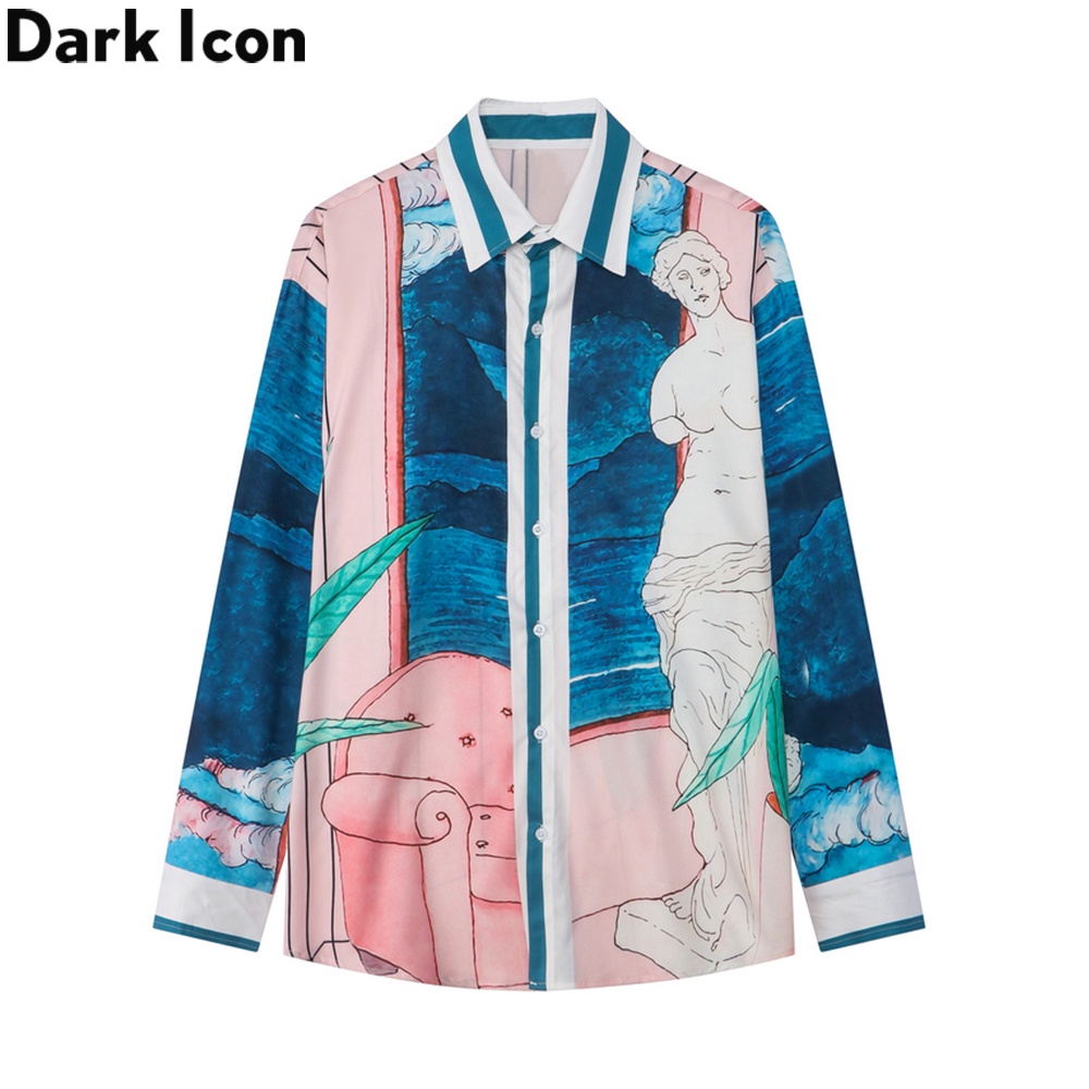 Áo Sơ Mi Tay Dài Cổ Bẻ In Biểu Tượng Tối Màu Thời Trang Mùa Thu Cho Nam Và Nữ