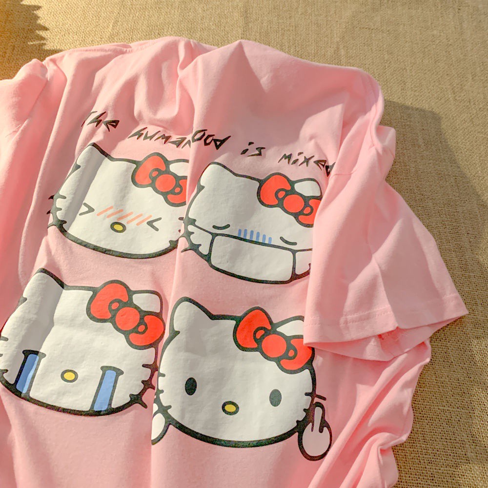 100% cotton Áo thun tay ngắn in hình Hello Kitty hoạt hình phong cách Nhật Bản thời trang mùa hè dành cho nữ 2023