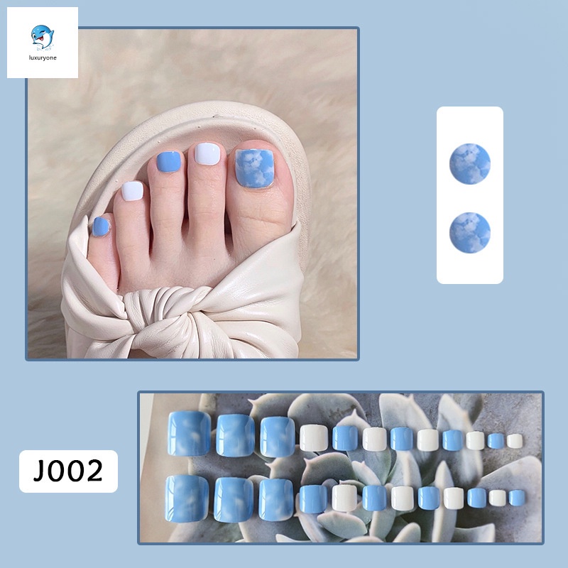Set 24 móng chân giả ngắn màu trắng / xanh dương thời trang
