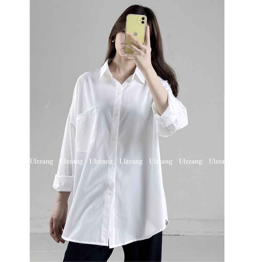 (Ảnh thật) Áo sơ mi voan/lụa trắng không nhăn oversize AosmdaitaykhongnhanA235/PP0K44