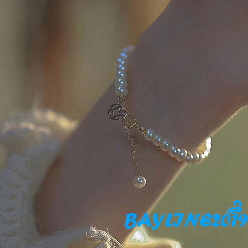 Vòng Tay Đính Ngọc Trai Giả Mặt Tròn Phong Cách Ngọt Ngào Dành Cho Nữ